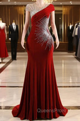 Burgundy Evening Prom Dress Bodycon Velvet Long Evening Dress with Embroidered Beadings