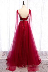Burgundy Evening Prom Dress, Spagetti-Strap Sleeveless Evening Prom Dress Tulle Ruffles with Beadings
