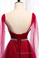 Burgundy Evening Prom Dress, Spagetti-Strap Sleeveless Evening Prom Dress Tulle Ruffles with Beadings