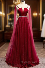 Burgundy Evening Prom Dress, Spagetti-Strap Sleeveless Evening Prom Dress Tulle Ruffles with Beadings