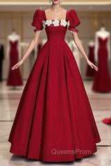 Burgundy Puff Sleeve Flower Evening Prom Dress