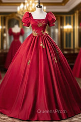 Burgundy Red Satin Short Sleeve Square Appliques Quinceanera Dress