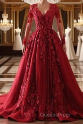 Burgundy round neck lace long Evening Prom Dress burgundy evening Dress