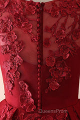 Burgundy round neck lace long Evening Prom Dress burgundy evening Dress