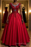 Burgundy round neck lace satin long Evening Prom Dress burgundy evening Dress