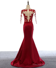 Burgundy Round Neck Lace Satin Mermaid Long Prom Dress Lace Formal Dress