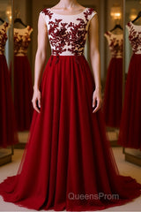 Burgundy round neck tulle lace long Evening Prom Dress, bridesmaid Dress