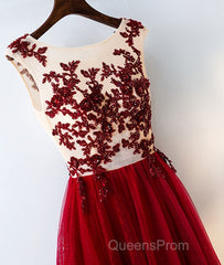 Burgundy round neck tulle lace long Evening Prom Dress, bridesmaid Dress
