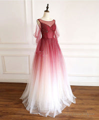 Burgundy Round Neck Tulle Long Prom Dress Burgundy Evening Dress