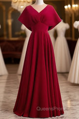 Burgundy Satin Bat Sleeve V-neck Evening Prom Dress