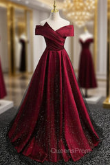 Burgundy Satin Black Tulle Off the Shoulder Pleats Evening Prom Dress