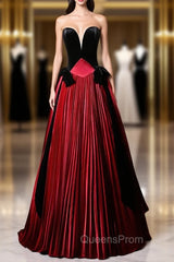 Burgundy Satin Black Velvet Strapless Evening Prom Dress