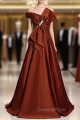 Burgundy Satin Bow Off the Shoulder Evening Prom Dress