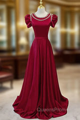 Burgundy Satin Cap Sleeve Beading Pearls Evening Prom Dress