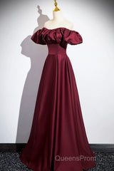 Burgundy Satin Floor Length Evening Prom Dress, Simple A-Line Evening Party Dress