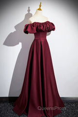 Burgundy Satin Floor Length Evening Prom Dress, Simple A-Line Evening Party Dress