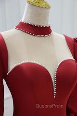 Burgundy Satin High Neck Long Evening Prom Dress, Burgundy A-Line Evening Party Dress