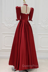 Burgundy Satin High Neck Long Evening Prom Dress, Burgundy A-Line Evening Party Dress