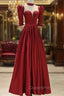 Burgundy Satin High Neck Long Evening Prom Dress, Burgundy A-Line Evening Party Dress