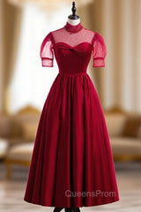 Burgundy Satin High Neck Short Sleeve Pleats Pearls Evening Prom Dress