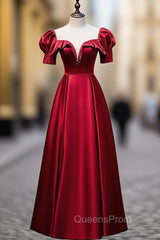Burgundy Satin Illusion Neck Short Sleeve Evening Prom Dress