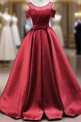 Burgundy Satin Lace Bow Evening Prom Dress