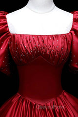 Burgundy Satin Long A-Line Evening Prom Dress, Burgundy Evening Dress