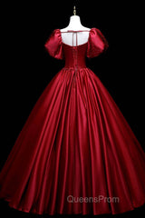 Burgundy Satin Long A-Line Evening Prom Dress, Burgundy Evening Dress