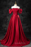 Burgundy Satin Long A-Line Evening Prom Dress, Off the Shoulder Evening Party Dress