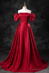 Burgundy Satin Long A-Line Prom Dress, Off the Shoulder Evening Party Dress