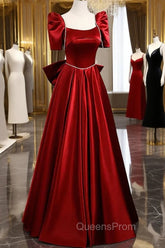 Burgundy Satin Long Evening Prom Dress, A-Line Evening Dress with Bow