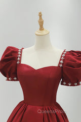 Burgundy Satin Long Evening Prom Dress, A-Line Short Sleeve Evening Dress