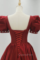 Burgundy Satin Long Evening Prom Dress, A-Line Short Sleeve Evening Dress