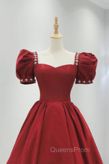 Burgundy Satin Long Evening Prom Dress, A-Line Short Sleeve Evening Dress