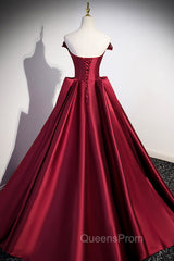 Burgundy Satin Long Evening Prom Dress, Burgundy A-Line Evening Dress