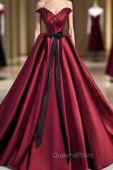 Burgundy Satin Long Evening Prom Dress, Burgundy A-Line Evening Dress