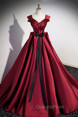 Burgundy Satin Long Evening Prom Dress, Burgundy A-Line Evening Dress