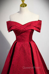 Burgundy Satin Long Evening Prom Dress, Off Shoulder Evening Party Dress