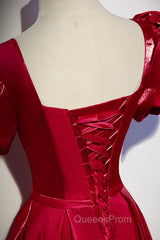 Burgundy Satin Long Evening Prom Dress, Simple A-Line Evening Dress