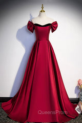 Burgundy Satin Long Evening Prom Dress, Simple A-Line Evening Party Dress