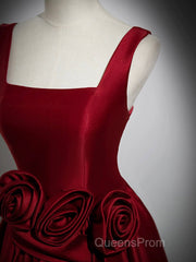 Burgundy Satin Long Evening Prom Dress With Flowers, Elegant A-Line Party Dress