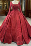 Burgundy Satin Long Sleeve Appliques Pearls Evening Prom Dress