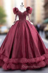 Burgundy Satin Long Sleeve Beading Evening Prom Dress