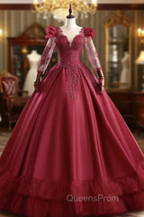 Burgundy Satin Long Sleeve Beading Quinceanera Dress