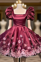 Burgundy Satin Mini Dress With 3D Flowers