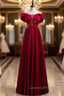 Burgundy Satin Off the Shoulder Appliques Beading Evening Prom Dress
