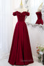 Burgundy Satin Off the Shoulder Beaded Long Evening Dress, Burgundy A-Line Evening Prom Dress