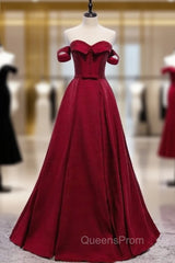 Burgundy Satin Off the Shoulder Beading Evening Prom Dress