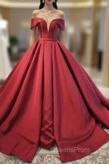Burgundy Satin Off the Shoulder Evening Prom Dress
