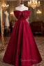 Burgundy Satin Off the Shoulder Pearls Bow Evening Prom Dress